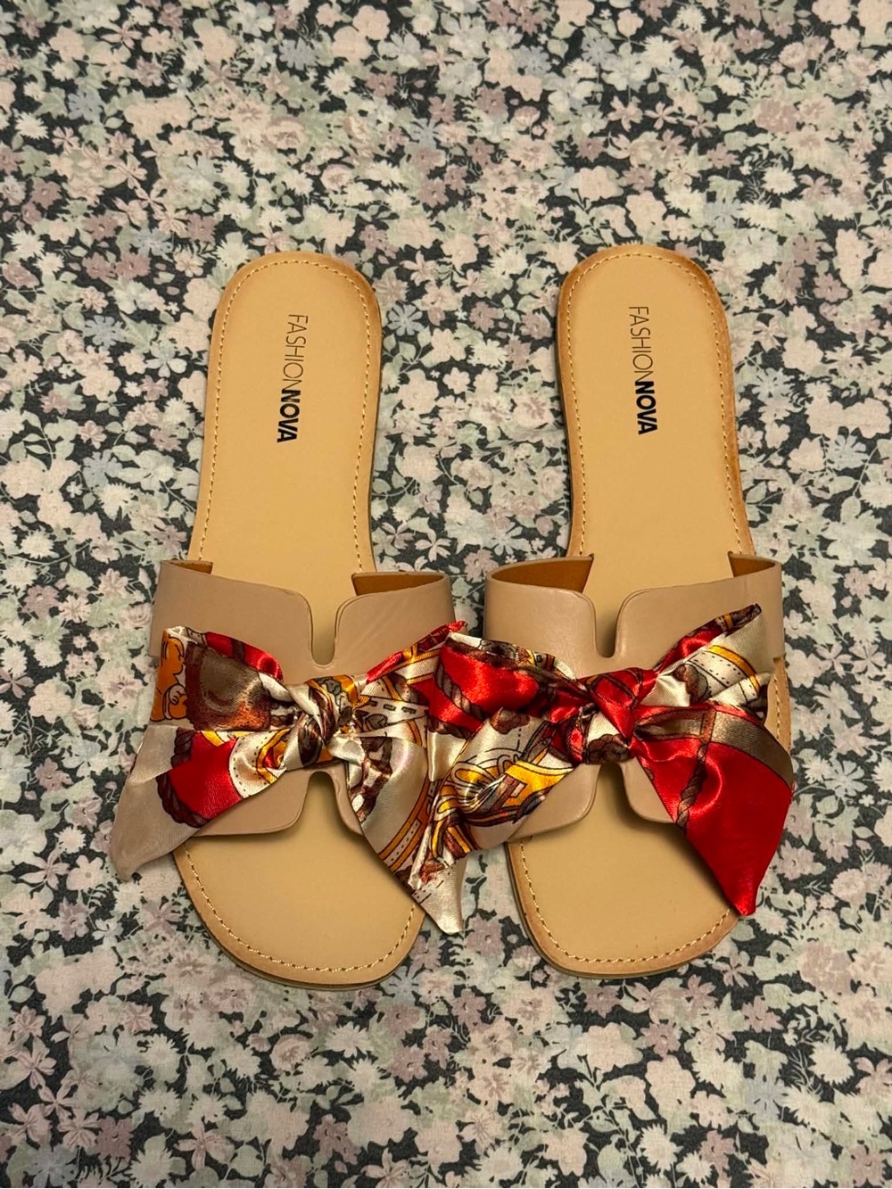 Fashion Nova Tan Slide Mules with Red Patterned Scarf Knot